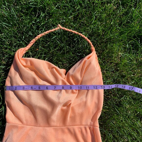 Vintage 70s Tangerine Peach Cowl Neck Wrap Halter Maxi Dress Prom Gown - Picture 14 of 16